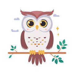 Fototapeta premium A charming cartoon owl with big eyes perched on a tree branch in a whimsical illustration.