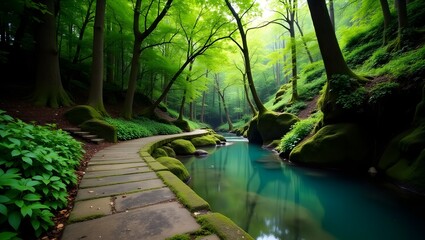 A scenic pathway through a lush green forest alongside a vibrant turquoise river winding through trees