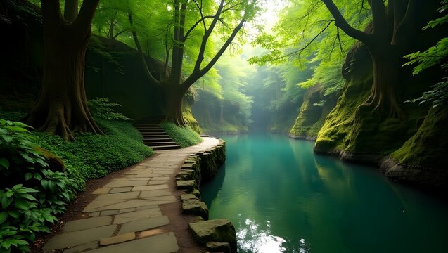 A scenic view of a river flowing through a lush green forest with a stone path along the river bank