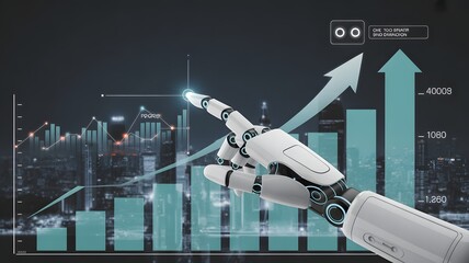 Robot hand pointing at upward trending financial graph over city skyline stock market data analysis