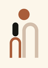 Minimalist abstract art with arches and circles. Geometric, terracotta, black, and beige. Neutral colors. Light background, modern decor