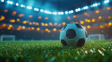 Fototapeta premium 3D render of open air football empty stadium with single ball on grass, neon illumination and blurred tribunes with fans. Evening game. Concept of professional sport, tournament, game, championship