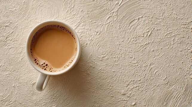 Top view: A cup of coffee sits on a textured beige background. Great for blog headers or social media posts, space for text.