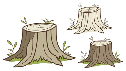 Cartoon Illustration of Tree Stumps &ndash; Three Different Sizes with Grass and Red Mushrooms &ndash; Cut Tree Logs in Nature, Forest Floor Concept in Flat Vector Style