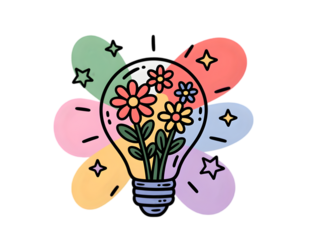 Vibrant floral lightbulb with colorful petal shapes isolated on a transparent background flowers