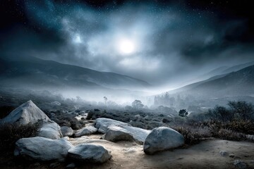 Misty mountain valley under a luminous moonlit sky