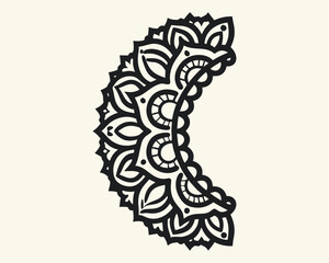 Elegant Crescent Mandala Design a Symmetrical Delight with Intricate Floral Patterns and Stylized Elements for Creative and Decorative Projects