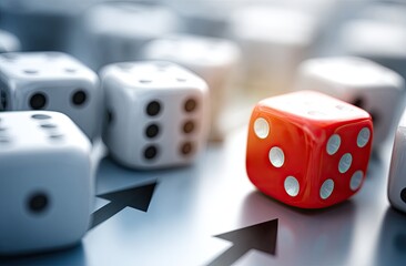 A red die stands out amidst many white dice, with directional arrows