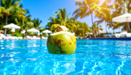 A refreshing coconut drink floating in a swimming pool on a sunny day, tropical vacation.
