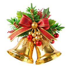 Gold Christmas Bells with Red Bow and Holly