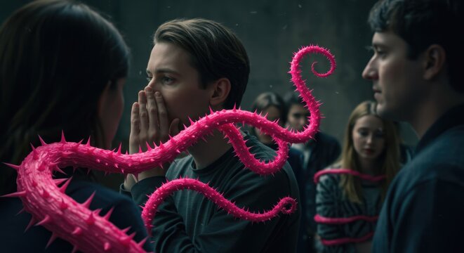 Surreal scene depicting individuals ensnared by vibrant, thorny tendrils, fostering a sense of