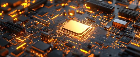 Technology background with 24k gold CPU and motherboard chipset components. 3D illustration render