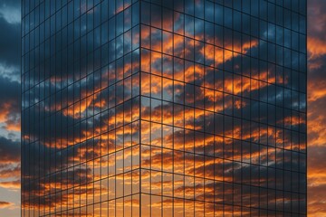 Modern Glass Skyscraper Reflecting Fiery Sunset Clouds