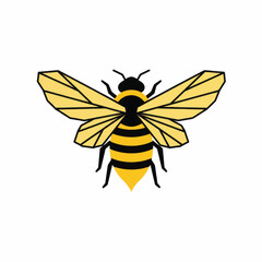 Stylized honeybee approaching a wooden honey dipper with dripping golden honey