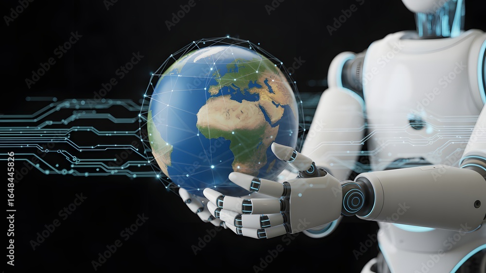 Poster white robot holding planet earth with digital network overlay artificial intelligence technology