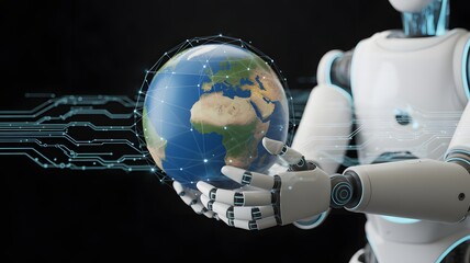 White robot holding planet Earth with digital network overlay artificial intelligence technology