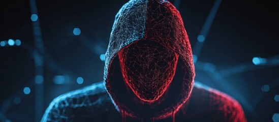 Abstract digital hacker. Cyber security concept. A man wearing a hoodie with a hidden face in front of a computer. Cyber attack and data hack. Fraud man. 3D Render illustration