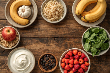 Healthy eating and wellness concept. A collection of fresh, natural foods for clean eating and a balanced diet, arranged on a dark wood background.