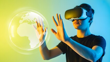 Young man wearing V R headset interacting with holographic globe virtual reality VR headset