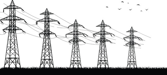Electric power transmission towers, high voltage pylons, energy lines, rural infrastructure, birds flying, black and white silhouette, utility cables network