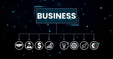 Animated rocket and gear icons representing workflow and progress on digital interface, Business presentation page