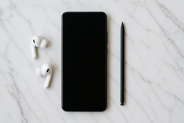 Modern Smartphone, Earbuds, and Stylus on Marble Surface