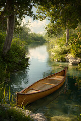 Serene Escape: A Solitary Canoe Journey Through the Tranquility of a Meandering River Embraced by Nature's Peaceful Silence and Scenic Beauty