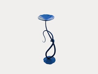 The white background in the picture is a black patterned candle holder with a base and a dark blue...