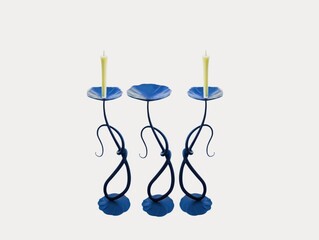 The white background in the picture is a black patterned candle holder with a base and a dark blue...