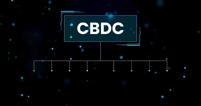 Animated rocket and gear icons representing workflow and progress on digital interface, CBDC presentation page