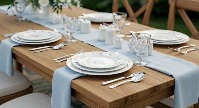 Elegant Outdoor Dining Table Setting with Light Blue Linens.
