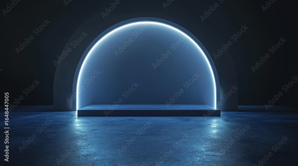 Aufkleber front view on blank blue concrete floor for car presentation on dark background with illuminated rou