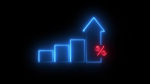 Profit high growth percent icon, stocks, financial, Interest rate and dividend concept. Glowing neon line animated graph and chart with percentage icon solaced on transparent background. 