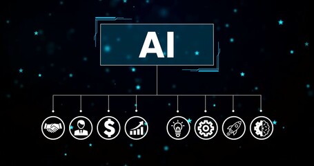 Animated rocket and gear icons representing workflow and progress on digital interface, AI presentation page