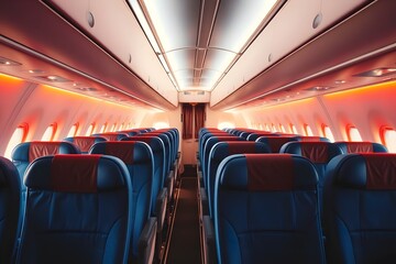 Empty airplane cabin interior with blue seats and warm lighting