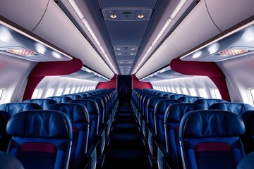 Empty airplane cabin interior with blue seats and aisle view