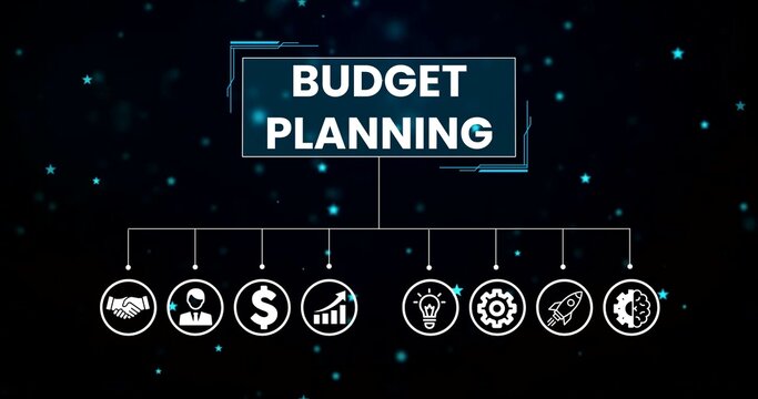 Animated rocket and gear icons representing workflow and progress on digital interface, Budget Planning presentation page