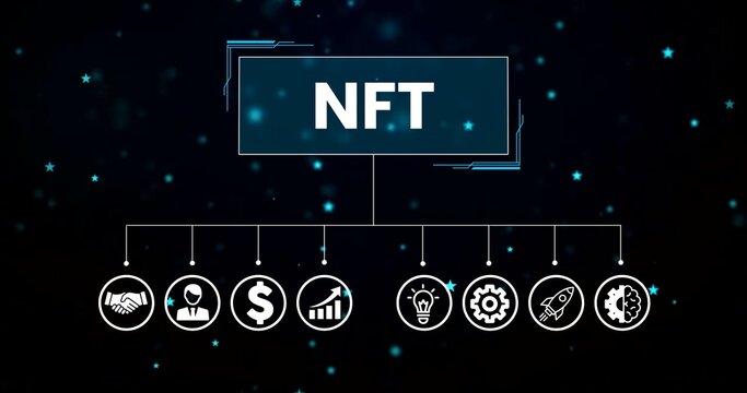 Animated rocket and gear icons representing workflow and progress on digital interface, NFT presentation page