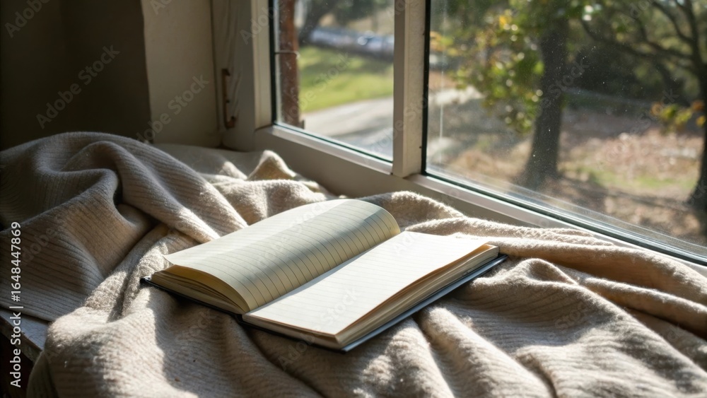 Poster Cozy window scene with an open notebook on a soft blanket, sunlight filtering through.