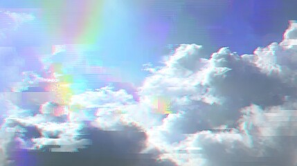 Distorted clouds, vibrant pastel hues, glitch effect