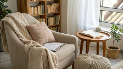 Fototapeta premium Cozy reading nook with armchair, books, and natural light streaming in.