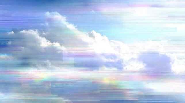 Pastel sky with clouds, glitch art effect