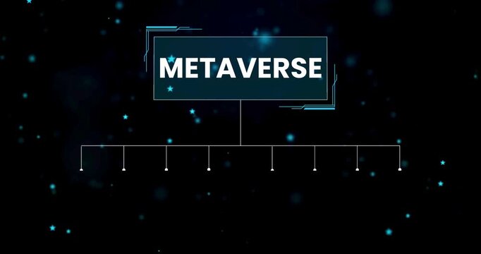 Animated rocket and gear icons representing workflow and progress on digital interface, Metaverse presentation page