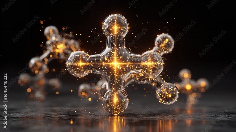 Poster abstract molecule structure with glowing particles against a dark and reflective background