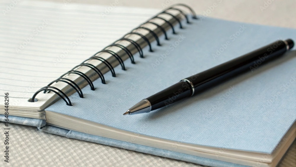 Aufkleber open notebook with a pen resting on a blank page, ready for writing.