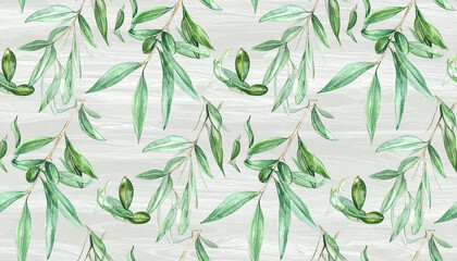 Watercolor illustration of olive branches with green leaves on a light, textured background.
