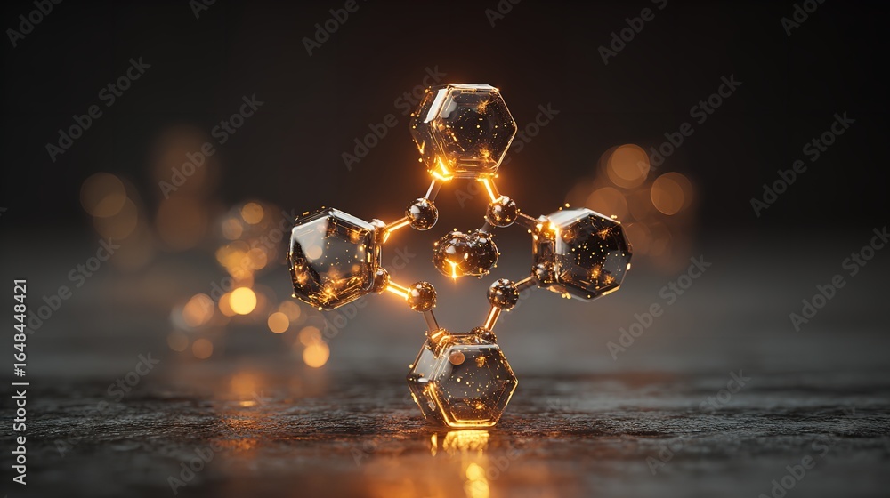 Poster glowing geometric structure: abstract molecule with gold particles on a dark surface