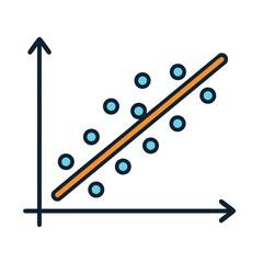 A simple line graph with blue dots and an orange regression line on a white background, representing data analysis and statistics in a minimalistic style.