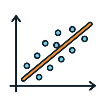 A simple line graph with blue dots and an orange regression line on a white background, representing data analysis and statistics in a minimalistic style.