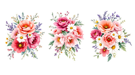 Watercolor floral bouquets Isolated on transparent background featuring various colorful flowers